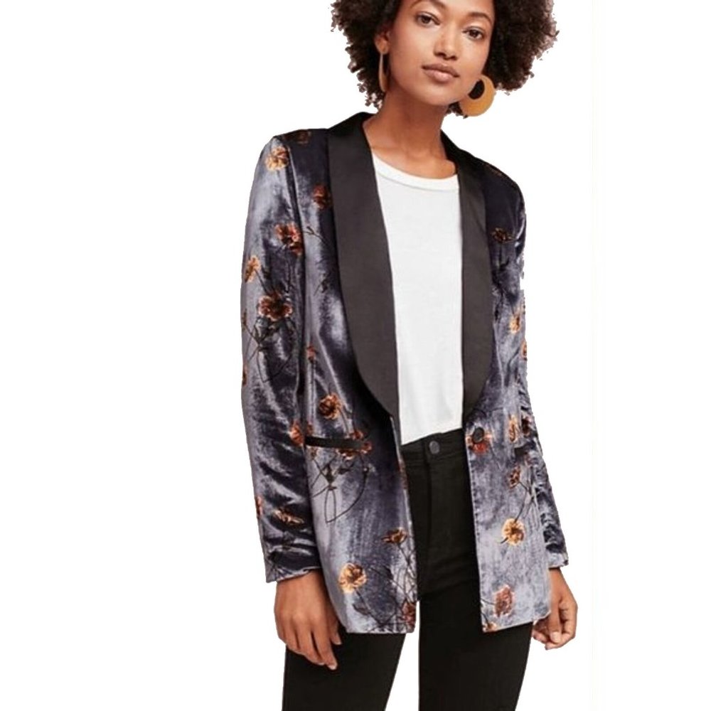 Anthropologie Floral Velvet Tuxedo Blazer Jacket